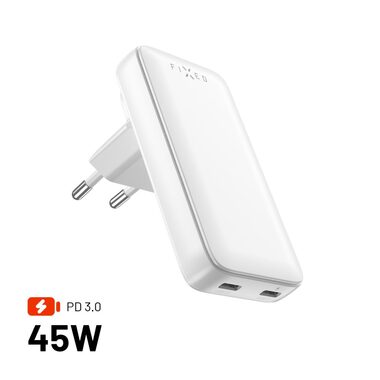 FIXED Síťová GaN nabíječka Slim Traveller s 2x USB-C výstupem s vyměnitelnými adaptéry 45W bílá