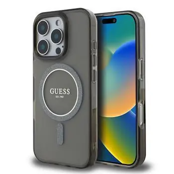 Guess IML Glitter Ring MagSafe Zadní Kryt pro iPhone 16 Pro Black