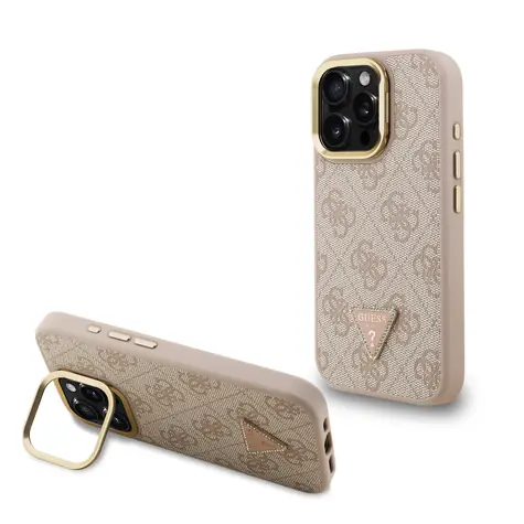Guess PU 4G Strass Triangle Logo Stand Camera Frame MagSafe Zadní Kryt pro iPhone 15 Pro Max Pink