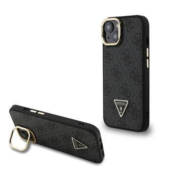 Guess PU 4G Strass Triangle Logo Stand Camera Frame MagSafe Zadní Kryt pro iPhone 13 Black