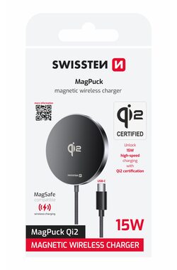 SWISSTEN MagPuck Qi2 1.5m černá / Bezdrátová nabíječka / Qi2 / MagSafe / 15W / USB-C