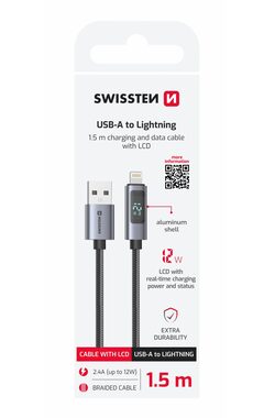 SWISSTEN Kabel USB-A na Lightning s LCD displejem 1.5m černá / 12W / USB-A (M) / Lightning