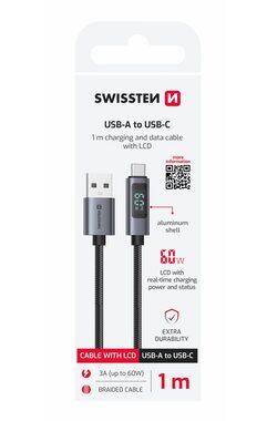 SWISSTEN Kabel USB-A na USB-C s LCD displejem 1m černá / 60W / USB-A (M) / USB-C (M)