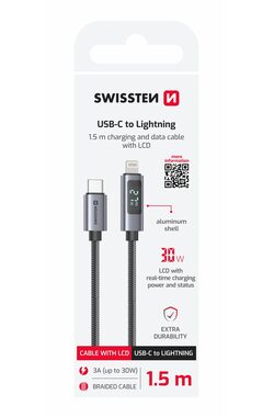 SWISSTEN Kabel USB-C na Lightning s LCD displejem 1.5m černá / 30W / Lightning (M) / USB-C (M)