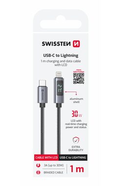 SWISSTEN Kabel USB-C na Lightning s LCD displejem 1m černá / 30W / Lightning (M) / USB-C (M)