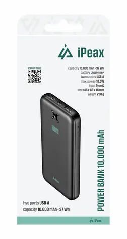 iPEAX Powerbanka 10000 mAh 10.5W černá / 2x USB-A