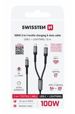 SWISSTEN Nabíjecí kabel 2v1 100W USB-C/USB-C + Lightning 1.5m černá