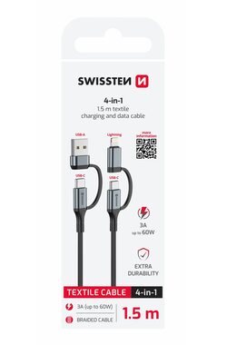 SWISSTEN Textilní datový kabel 4v1 60W USB-C/USB-A/Lightning 1.5m černá