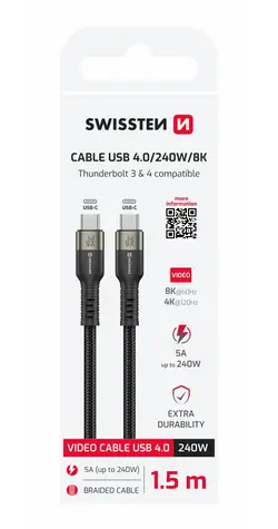 SWISSTEN USB 4.0 datový/video kabel 240W 1.5m černá / 8K@60Hz / 2x USB-C (4.0)