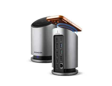 AXAGON HMC-WL9, USB 10Gbps hub s Qi, 3x USB-A, USB-C, HDMI & DP 4k/60Hz, RJ-45 GLAN, PD 100W, kabel USB-C 60cm