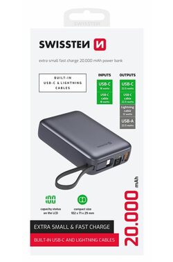 SWISSTEN 22013945 20000mAh stříbrná / Powerbanka s integrovanými kabely / 2x USB-C + Lightning