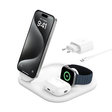 Belkin BOOST CHARGE Qi2 Magnetický nabíjecí stojan 3v1 bílá / skládací / 15W