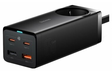 Rozbaleno - Baseus PSZM000901 GaN3 Pro Rychlonabijecí adaptér černá / 2x USB-A / 2x USB-C / 1x AC / 65W / rozbaleno
