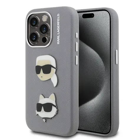 Karl Lagerfeld Grained PU K&CH Heads Zadní Kryt pro iPhone 15 Pro Max Grey