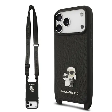 Karl Lagerfeld Saffiano Crossbody Popruh Metal Karl and Choupette Zadní Kryt pro iPhone 17 Pro Max Black