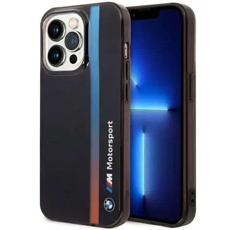 BMW Zadní kryt s trikolorními pruhy pro iPhone 14 Pro 6.1 černá