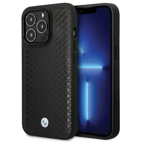 BMW Zadní kryt kožený s diamantovým vzorem pro iPhone 14 Pro černá