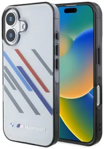 BMW Zadní kryt Motosport Random Stripes pro iPhone 16 šedá