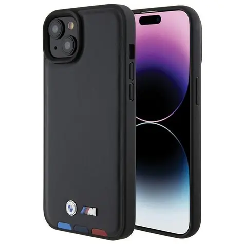 BMW Zadní kryt kožený razítkový Tricolor pro iPhone 15 Plus 6,7 černá