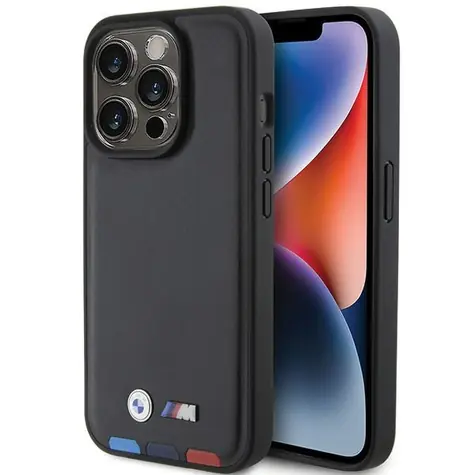 BMW Zadní kryt kožený razítkový Tricolor pro iPhone 15 Pro 6,1 černá
