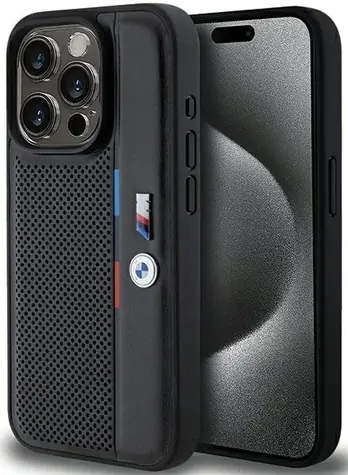 BMW Zadní kryt perforovaný Tricolor Line pro iPhone 15 Pro černá