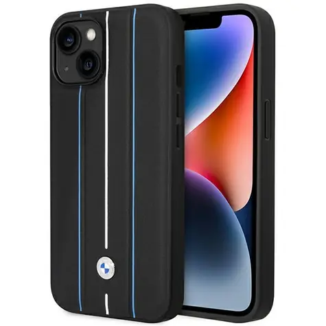 BMW Zadní kryt pevný kožený s modrými linkami pro iPhone 14 6,1 černá