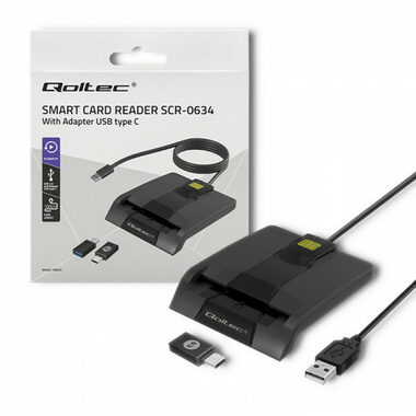 Qoltec 50634 Chytrá čtečka čipových karet 1m černá / USB 2.0 / USB - C adapter / LED Dioda