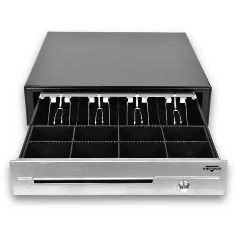 VIRTUOS Pokladní zásuvka C430D černá / s kabelem / kovové držáky / nerez panel / 9-24V