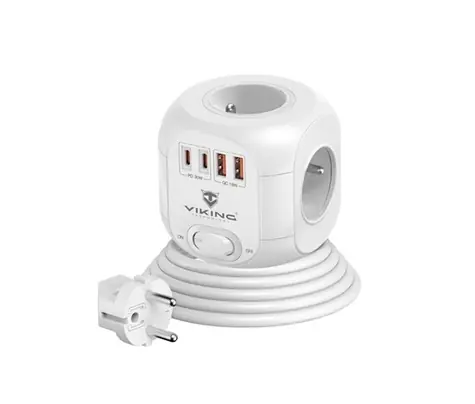 Viking AC Cube PD30 Síťový adaptér bílá / 4x 230 V + 2x USB-A + 2x USB-C / 1.8 m