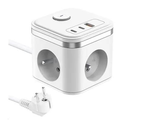 Viking YC33W rozbočovací adaptér bílá / 3x 230V + 1x USB-A + 2x USB-C / délka kabelu 1.4 m