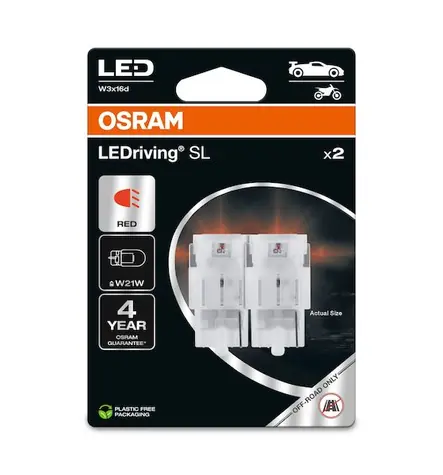 OSRAM LEDriving SL W21W 12V červená / 80lm / 2500K / 2500h / noDIM / A+ / sklo mléčné / 2ks