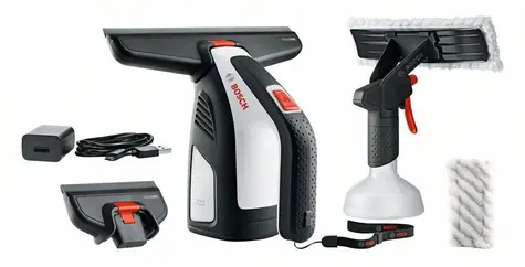 BOSCH GlassVAC / Aku vakuová stěrka na okna / 3.6V / 2.0 Ah / 2x sací hlavice / 2x útěrka / Nádoba k aplikátoru