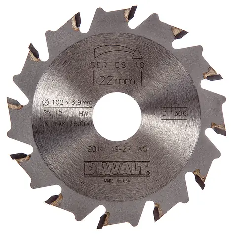 DeWalt DT1306 / Drážkovací kotouč pro lamelovací frézky / Průměr 102x22 mm / Šířka řezu 3.9 mm / Počet zubů 12