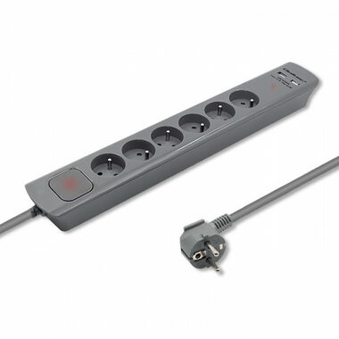 Qoltec 50283 Prodlužovací přívod 6 zásuvek 1.8m šedá / vypínač / 2xUSB
