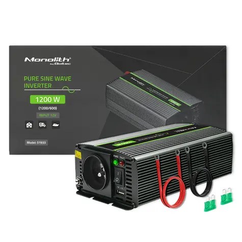 Qoltec 51933 Monolitový měnič napětí / 600W / 1200W / Vstup 12V / 1 x 230V / 1x USB