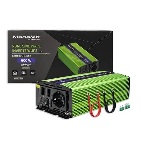 Qoltec 51940 Monolitový měnič napětí a nabiječka baterií / 300W / 600W / Vstup 12V DC / 1x 230V / 1x USB