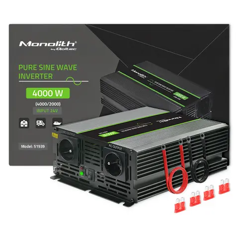 Qoltec 51939 Monolitový měnič napětí / 2000W / 4000W / Vstup 24V / 2 x 230V / 1x USB
