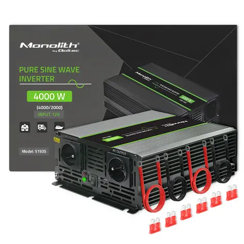 Qoltec 51935 Monolitový měnič napětí / 2000W / 4000W / Vstup 12V / 2 x 230V / 1x USB