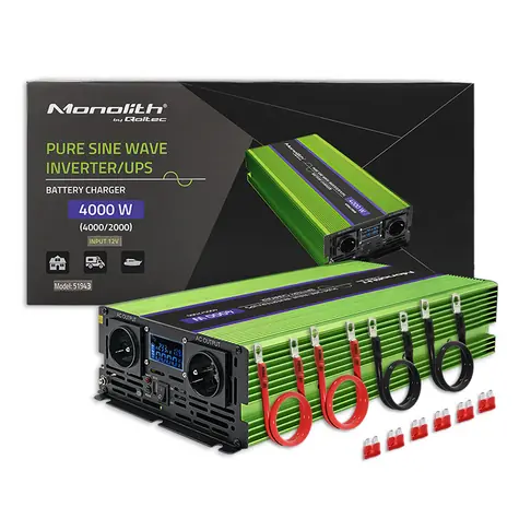 Qoltec 51943 Monolitový měnič napětí a nabiječka baterií / 2000W / 4000W / Vstup 12V / 2 x 230V / 1x USB / LCD