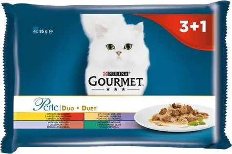 Purina Gourmet Perle Duo 4x 85 g / pro kočky / jemné kousky s kuřecím & hovězím  & lososem