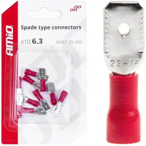 AMiO Konektory - samec červený 6.3mm 0.5-1.5mm2 10A / sada 10ks