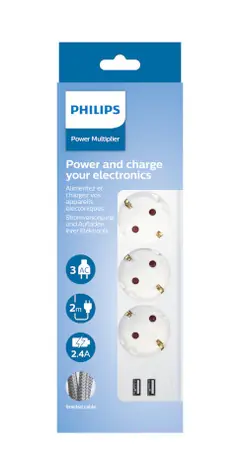 Philips SPN3032WA/58 bílá / Prodlužovací kabel / Schuko / 3 zásuvky / 2 USB-A / 2m