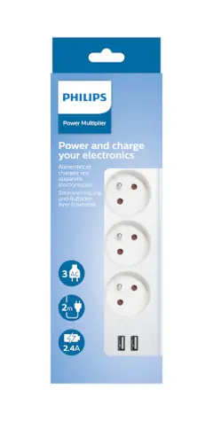 Philips SPN3032WA/60 bílá / Prodlužovací kabel / 3 zásuvky / 2 USB-A / 2m