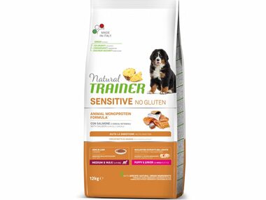 Trainer Natural Sensitive No Gluten Puppy&Jun Medium/Maxi losos 12kg / pro štěňata/mladé psy středních a velkých plemen