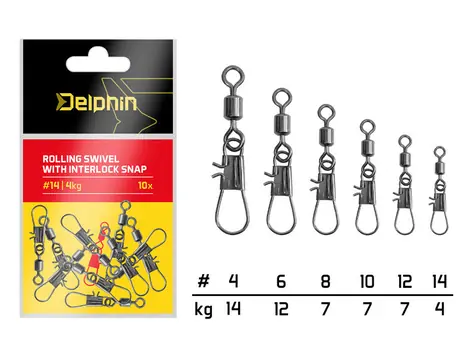 Delphin Karabinka s obratlíkem Rolling swivel with interlock snap Velikost 4 14kg 10ks
