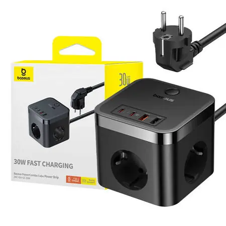 Baseus E00066400117-00 PowerCombo prodlužovací kabel 1.5m černá / 3x AC / 2x USB-A / 2x USB-C