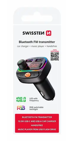 SWISSTEN Bluetooth FM Transmitter černá / RGB / USB-A + USB-C / BT