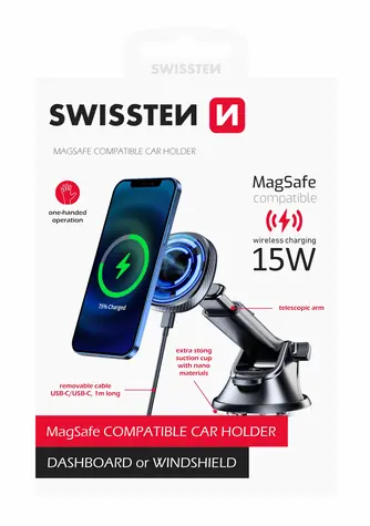 Rozbaleno - SWISSTEN 65010610 černá / Magnetický držák na palubní desku / podpora MagSafe  / rozbaleno