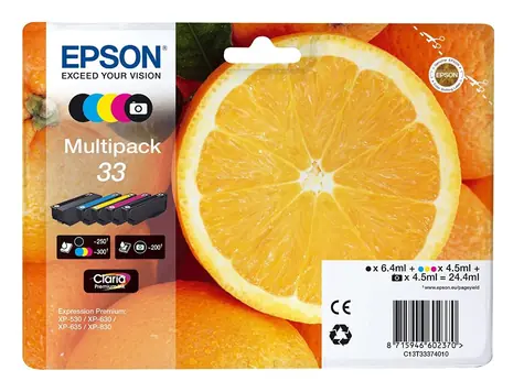 EPSON T33 originální cartridge 33 / XP-530 / XP-630 / XP-635 / XP-830 / 1x 6.4ml + 4x 4.5 ml / Multipack 