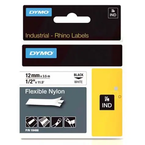 Dymo originální páska do tiskárny štítků 12mm x 3.5m (bílý podklad) / černý tisk / RHINO nylonová flexibilní